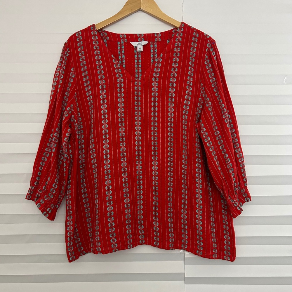 Croft & Barrow Womens XXL Red‎ Teal Floral V-Neck 3/4 Sleeve Boho Blouse Top